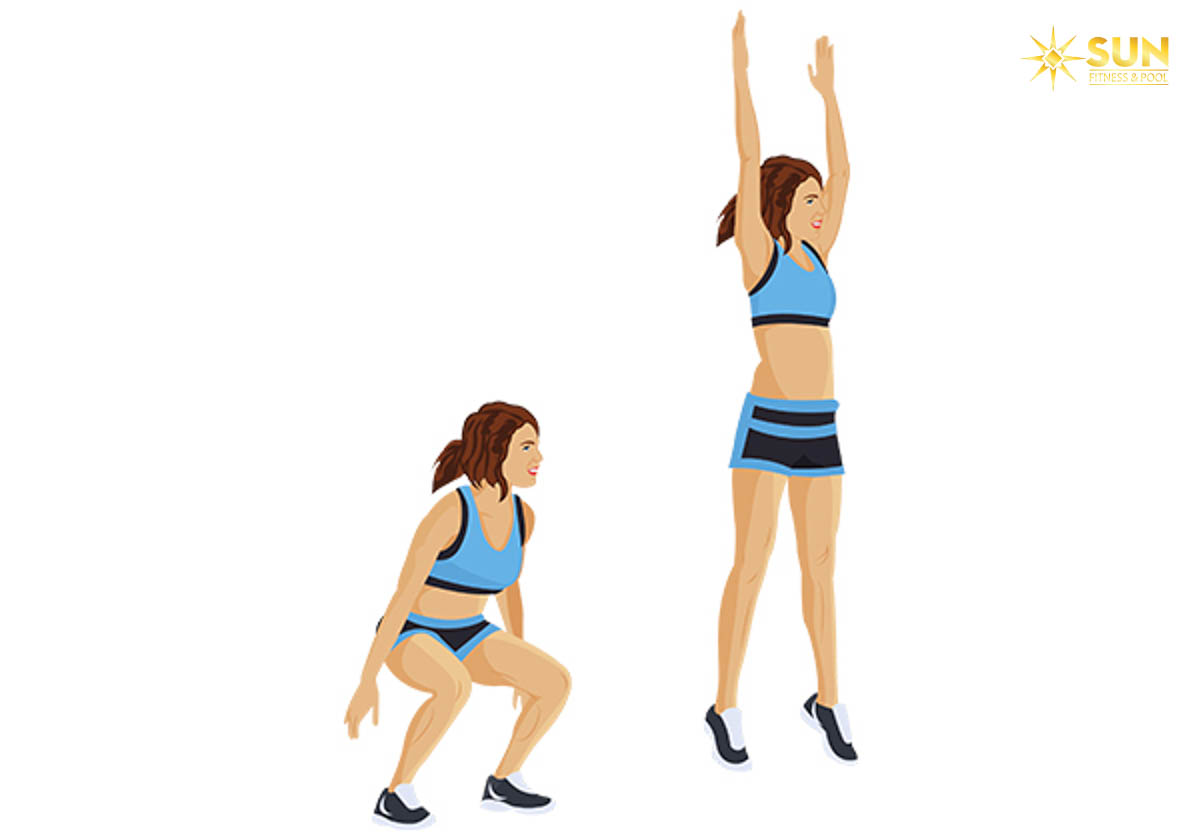 Bài tập squat nhảyĐây cũng là một bài tập giảm cân tác động lên toàn thân, nằm trong top các bài giảm cân hiệu quả và rất dễ thực hiện, có thể thực hiện ở bất kì đâu. Mỗi ngày bạn chỉ cần bỏ ra vài phút thực hiện bài tập này sẽ giúp bạn cắt giảm được lượng mỡ thừa có trong cơ thể. Cách thực hiện: Đứng thẳng, 2 chân rộng bằng 2 vai và 2 tay của bạn duỗi thẳng tự nhiên Khi vào tư thế squat, chú ý hãy giữ thẳng lưng và bật người nhảy lên cao nhất có thể Chạm sàn bằng mũi chân về tư thế squat. Hãy thực hiện bài tập 20 lần/buổi, sau đó dần dần tăng lên tùy theo sức khỏe của bạn.